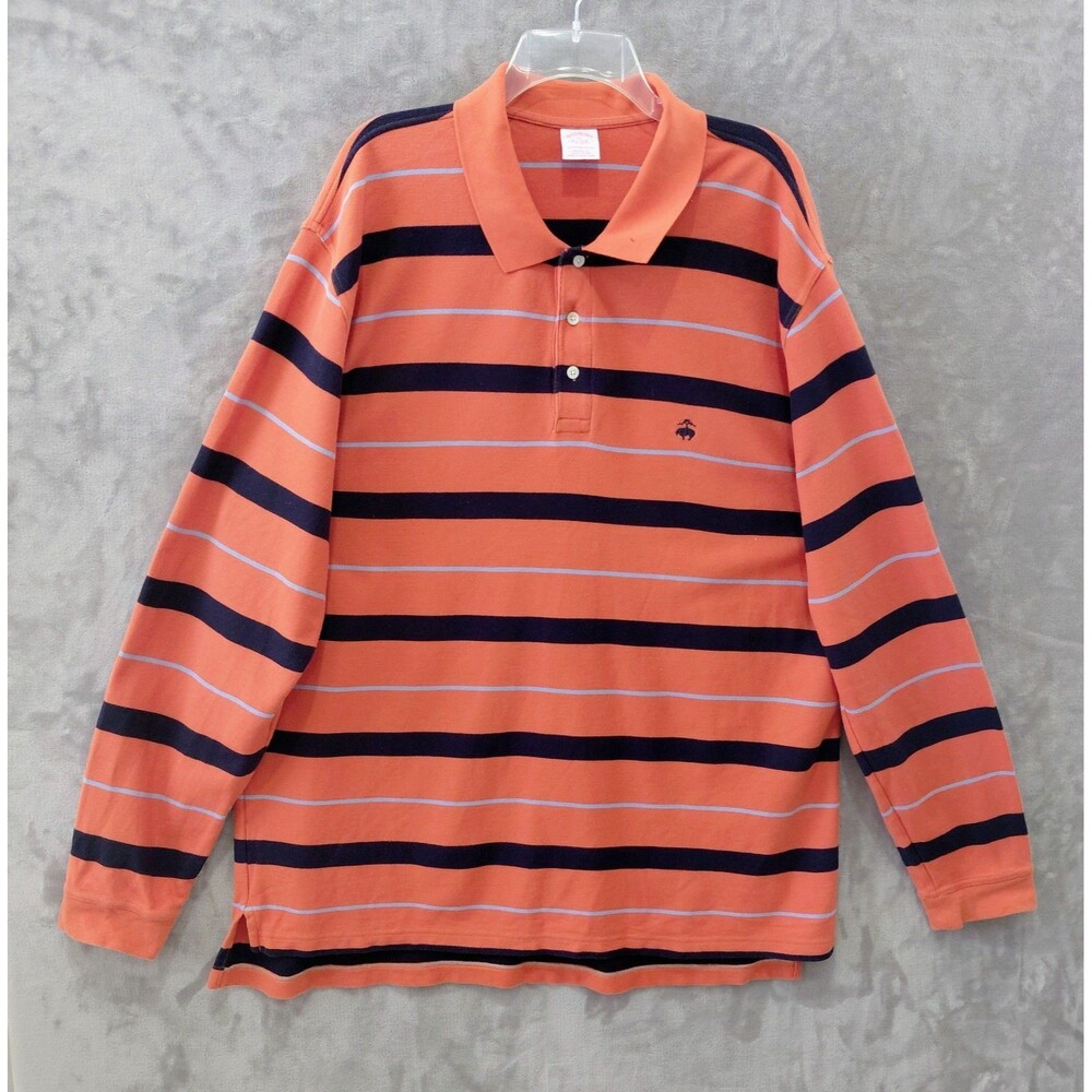 Brooks Brothers Striped Long Sleeve Polo Shirt Men's XXL Orange Navy Logo VTG